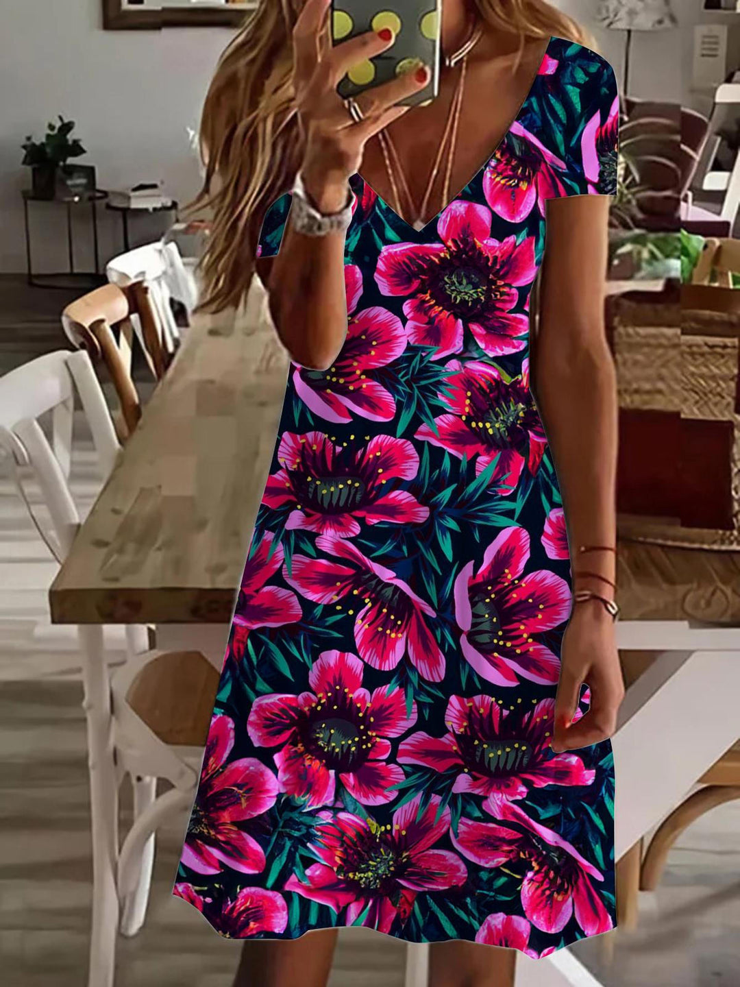Retro Floral V Neck Short Sleeve Dress