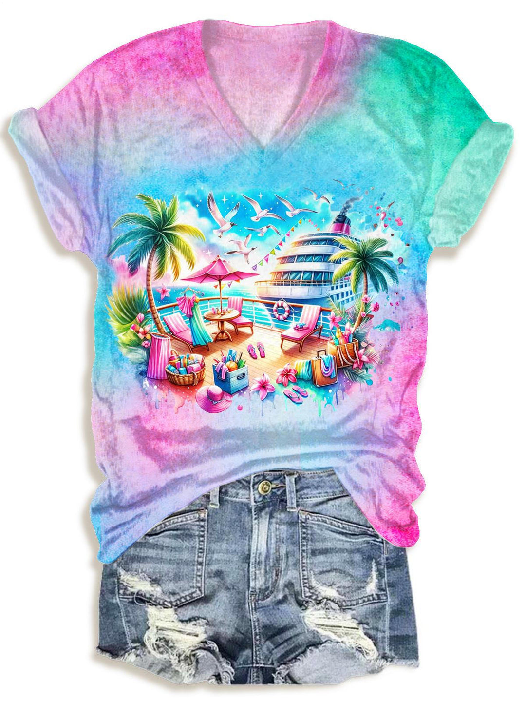 Beach Vacation Printed V-neck T-Shirt