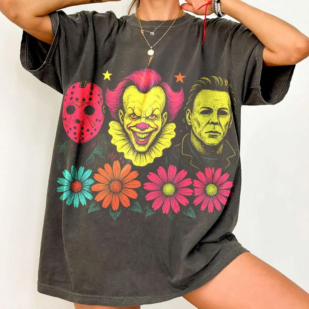Halloween Horror Print Washed Cotton Crew Neck T-Shirt