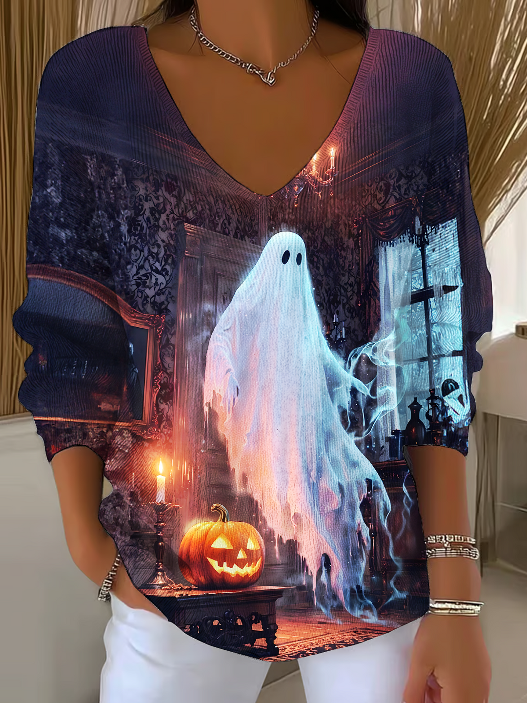 Retro Halloween Log House Ghost Casual V Neck Pullover Sweater