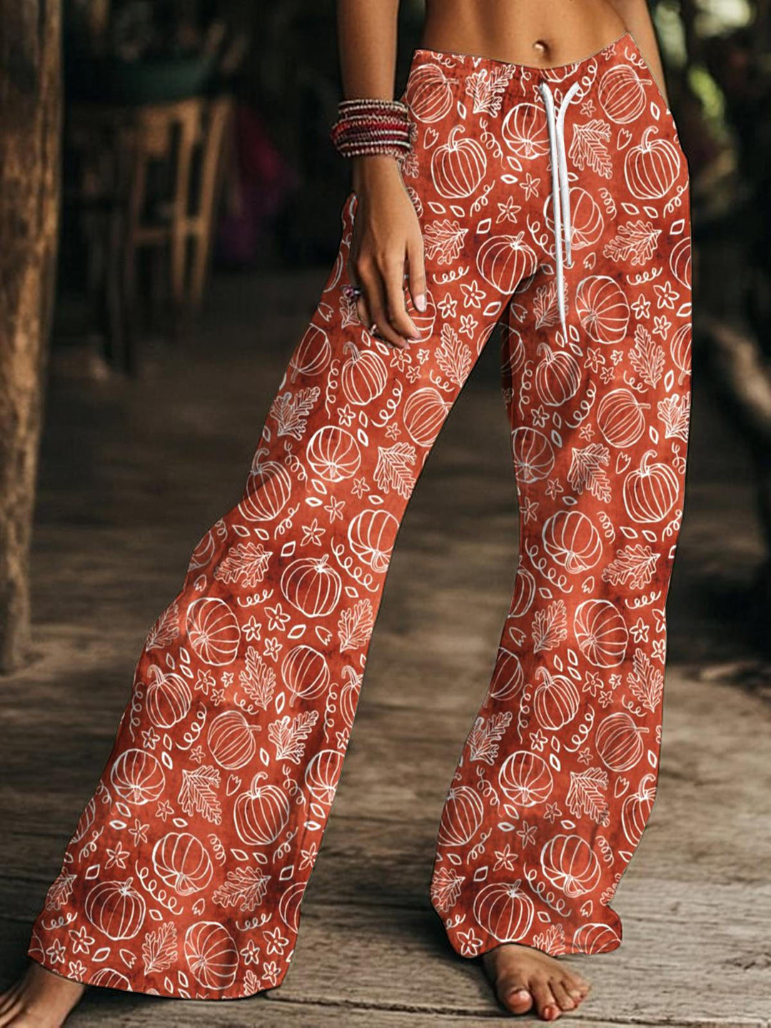 Women's Autumn Pumpkin Print Drawstring Wide-Leg Pants