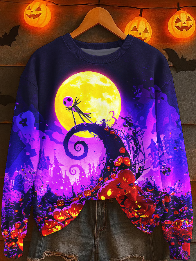 Retro Halloween Horror Movies Printed Long Sleeve Casual Top