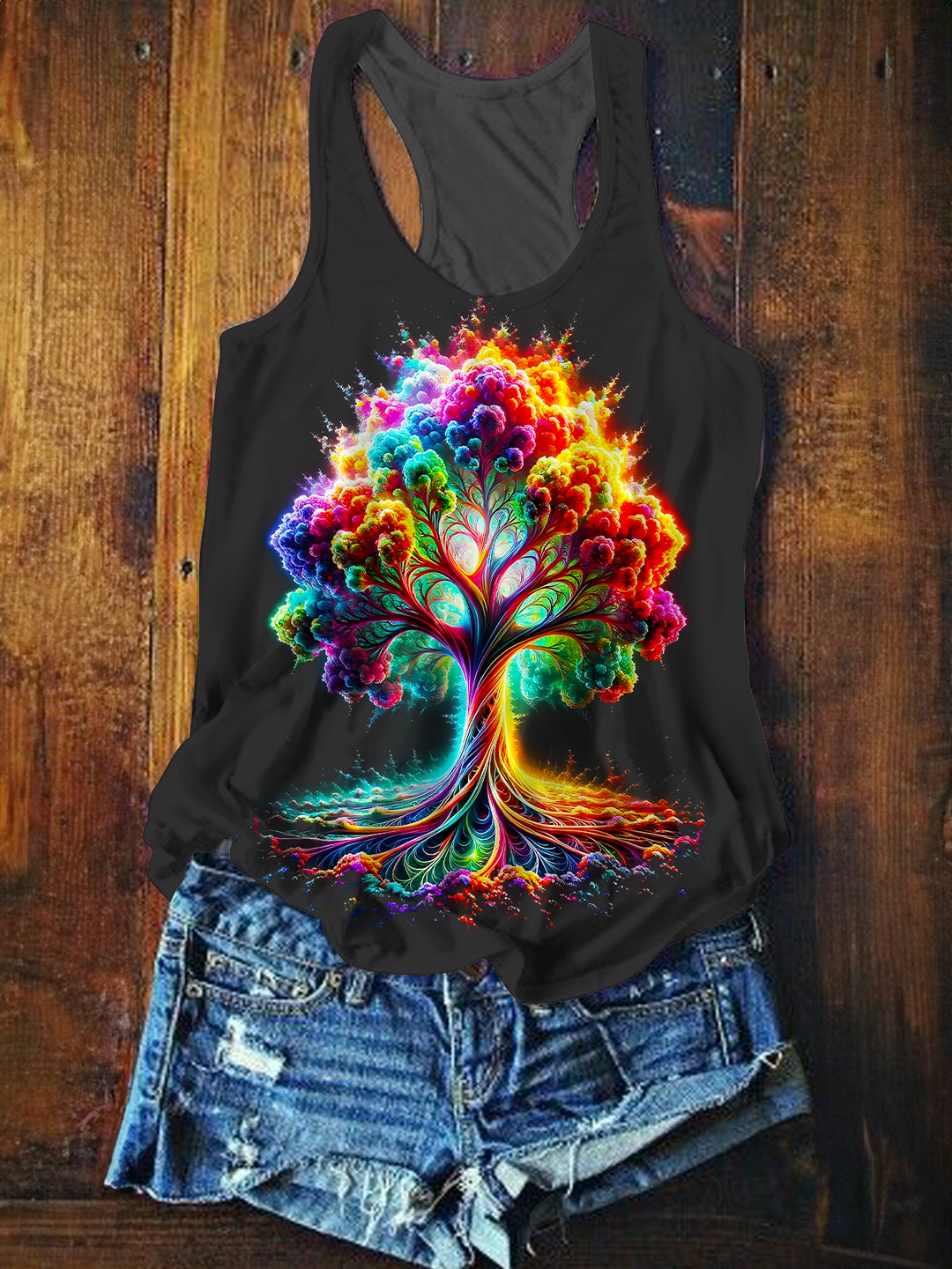 Colorful Hippie Tree Of Life Printed Casual Tank Top