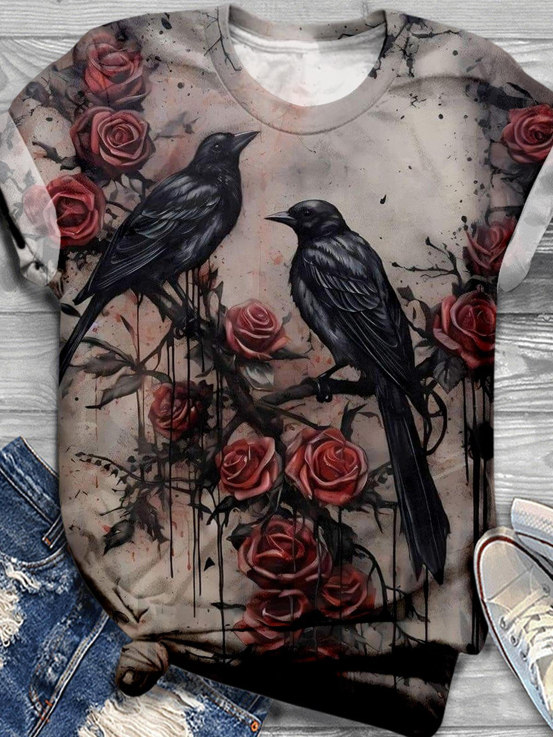Dark Retro Flowers And Birds Print Crew Neck T-shirt