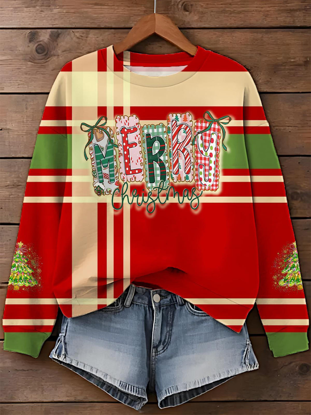 Striped Retro Christmas Printed Long Sleeve Casual Top