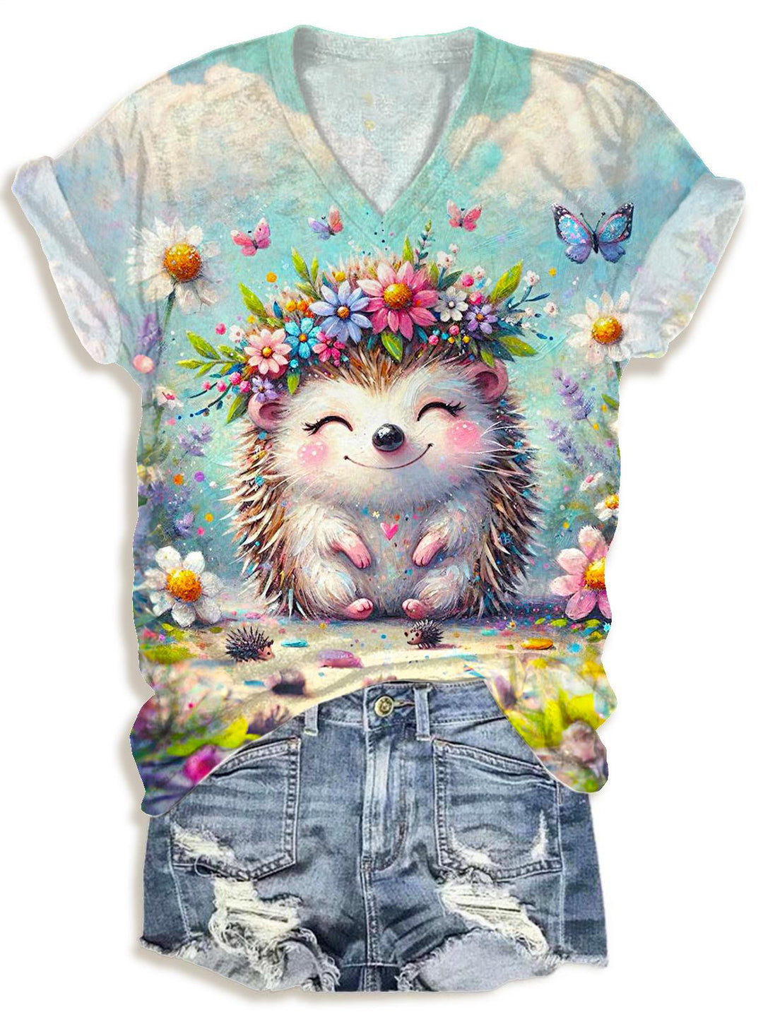 Cute Floral Hedgehog Print V-neck T-Shirt