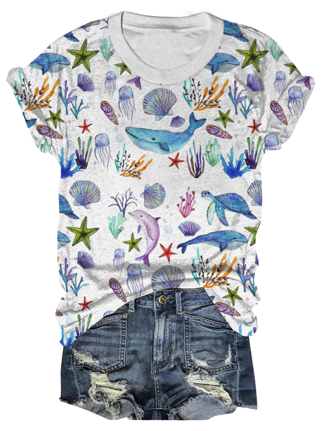 Undersea Creatures Printed Crew Neck T-shirt