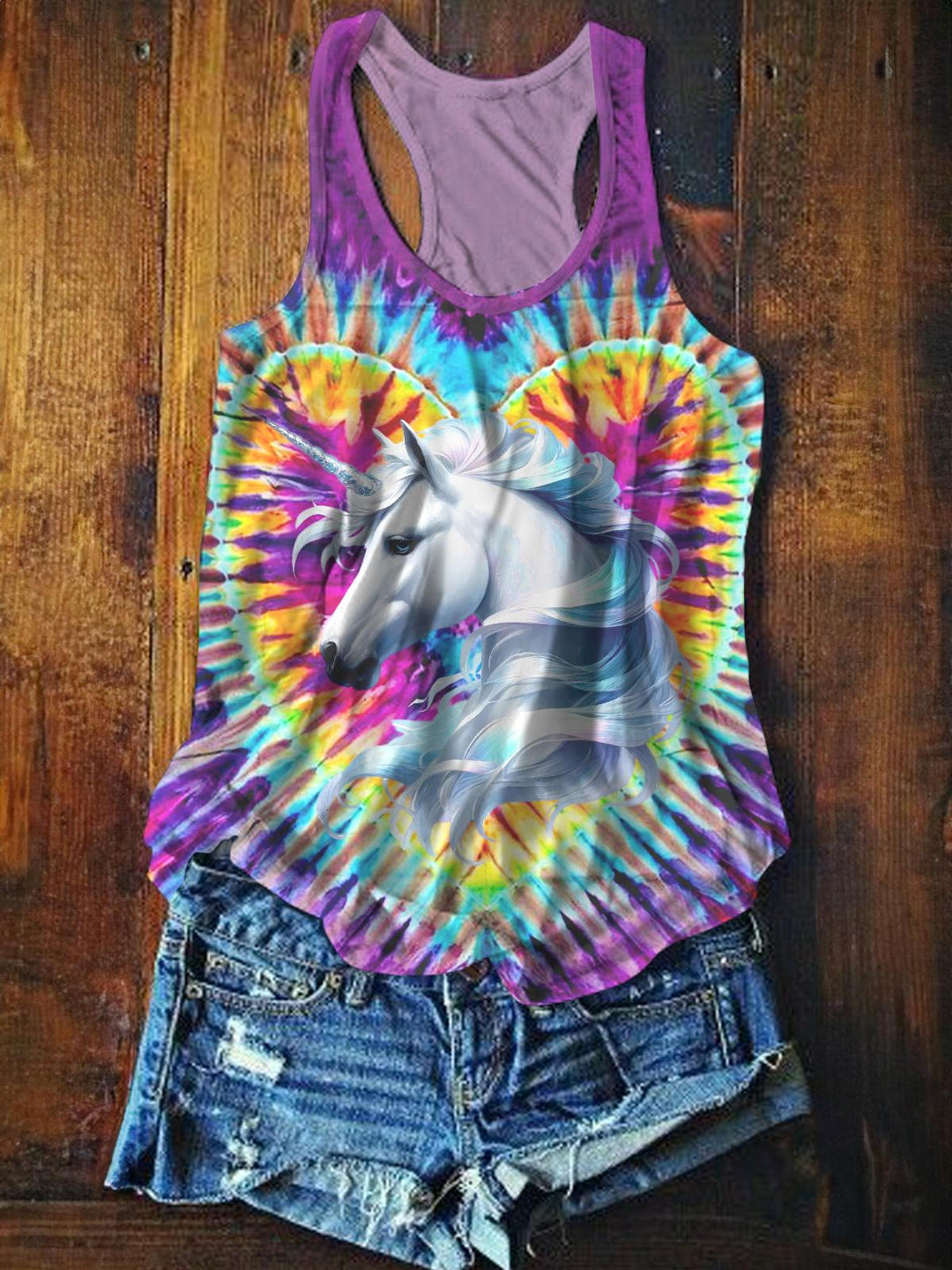 Unicorn Tie Dye Women's Crew Neck All Over Printed Tank Top