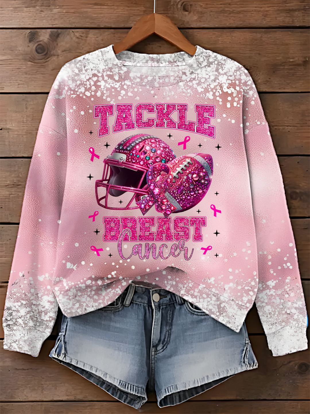 Glitter Tackle Breast Cancer Printed Long Sleeve Casual Top