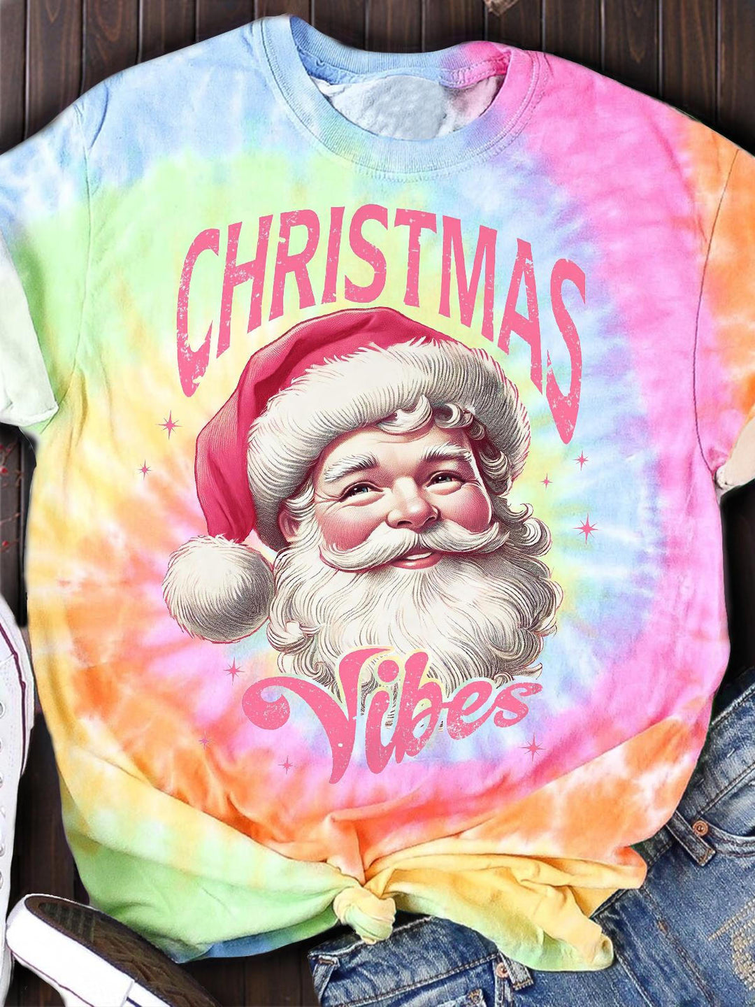 Women's Christmas Vibes Tie Dye Printed Casual T-Shirt
