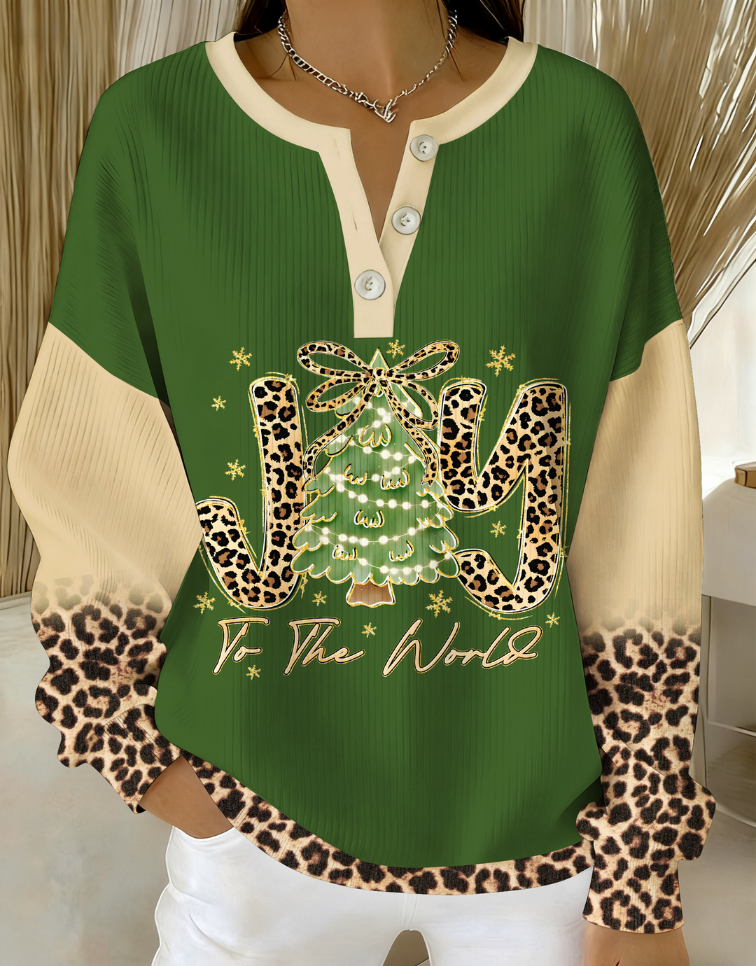 Joy To The World Leopard Christmas Tree Knitted Button Long-Sleeved Top