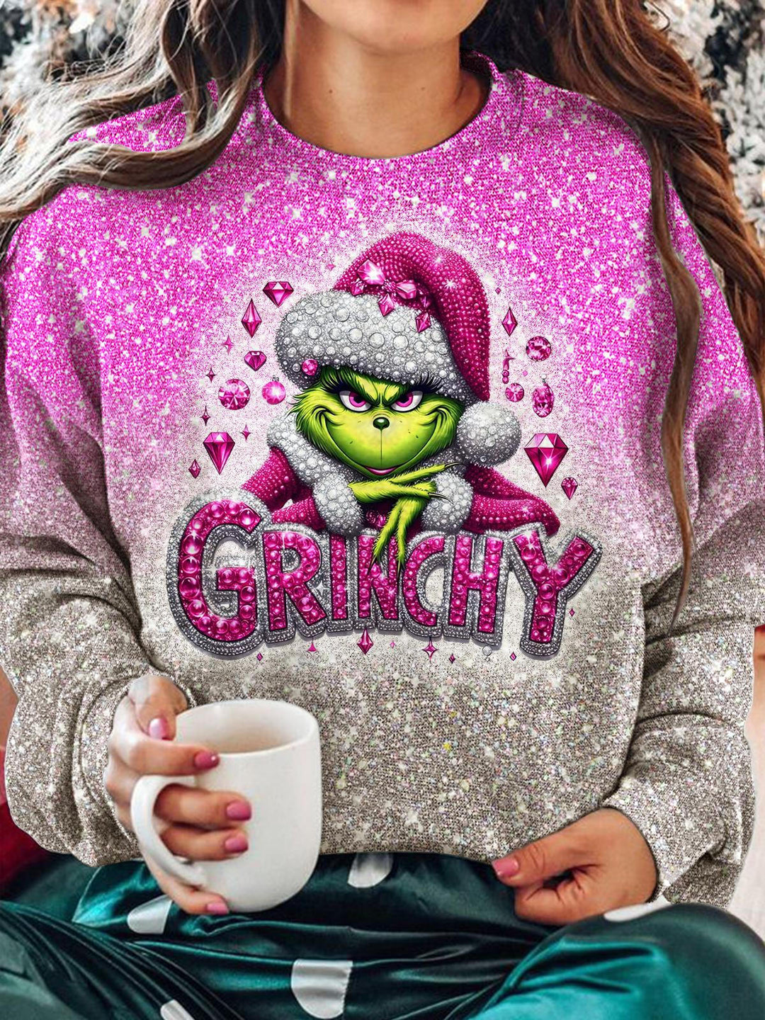 Women's Pink Rhinestone Christmas Printed Long Sleeve Casual Top