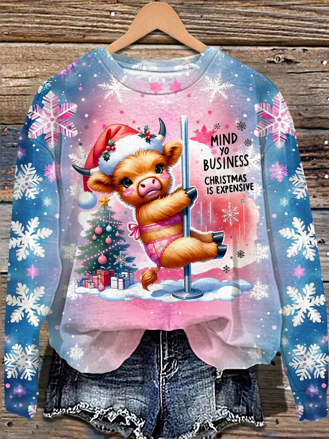 Christmas Highland Cattle Printed Long Sleeve Casual Top