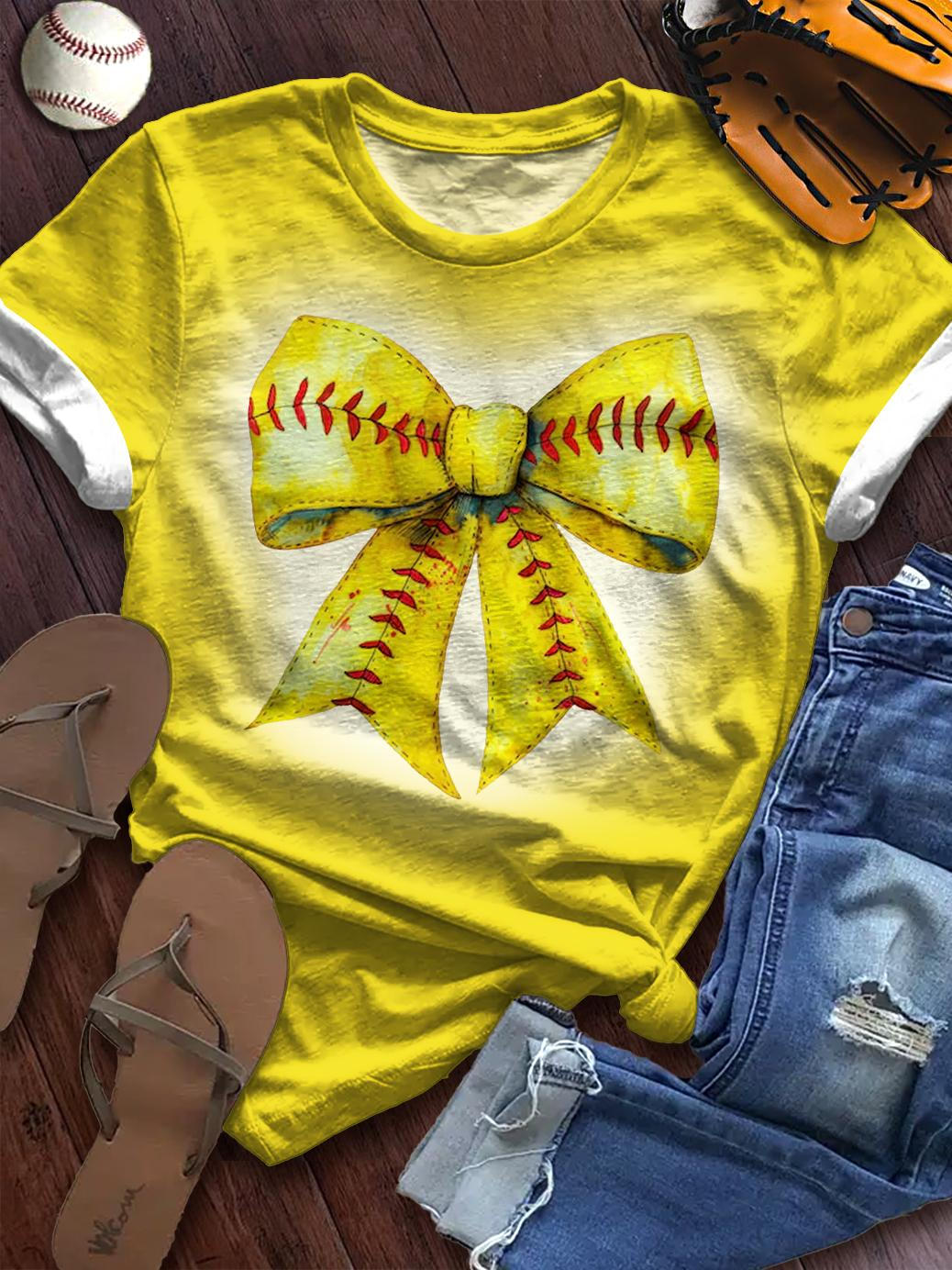 Women's Retro Baseball Bow Crew Neck T-shirt