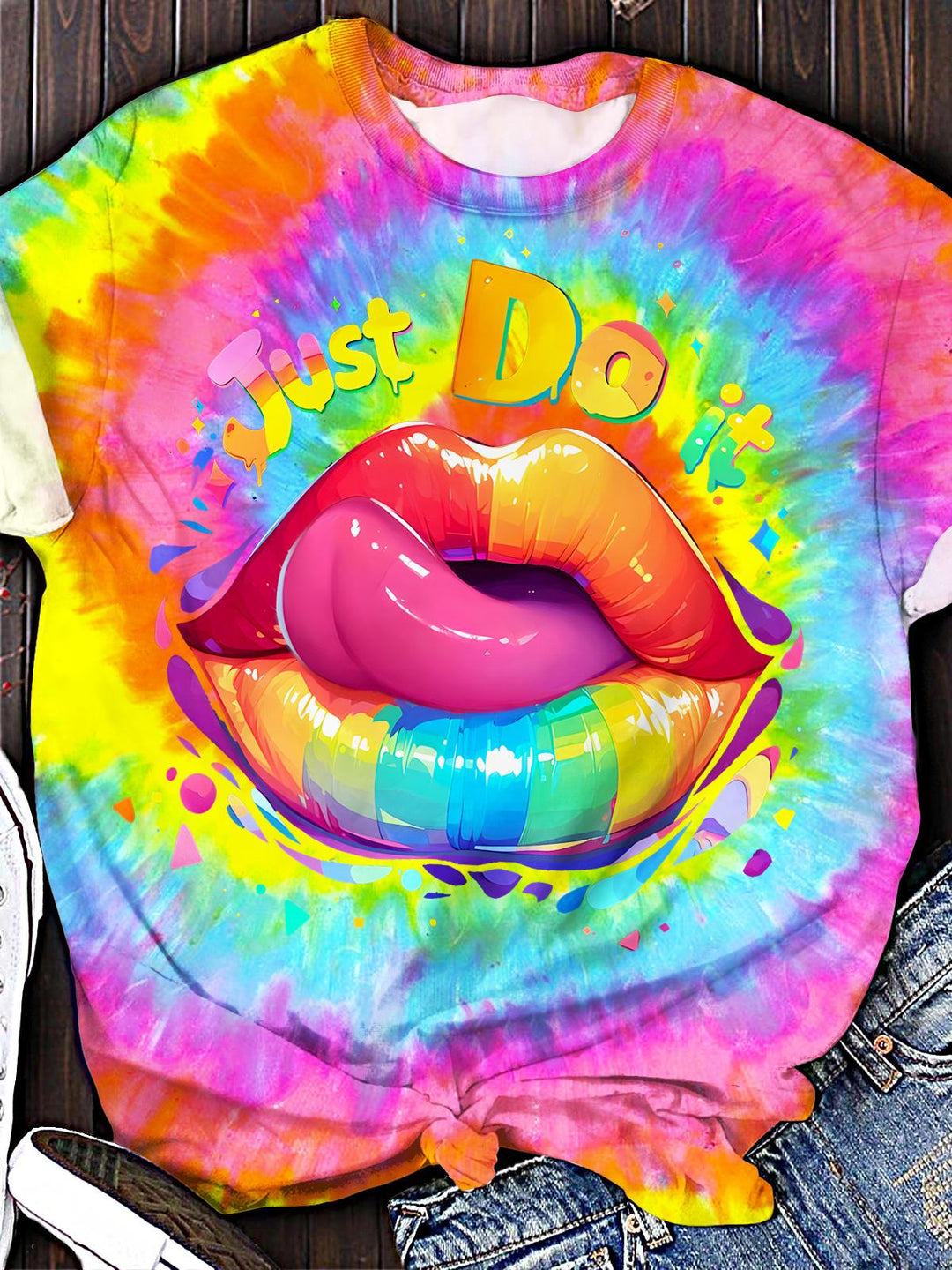 Hippie Colorful Lips Crew Neck T-shirt