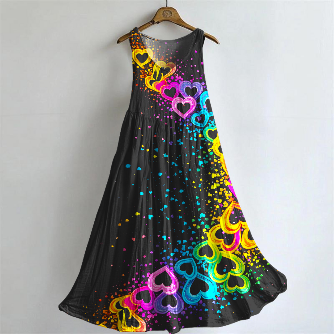 Colorful Hippie Love Art V-neck Bamboo Linen Sleeveless Dress