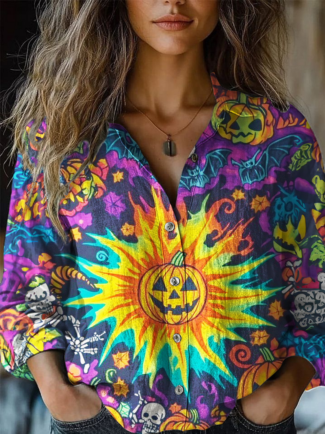 Vintage Hippie Pumpkin Halloween Art Women's Printed Casual Shirt