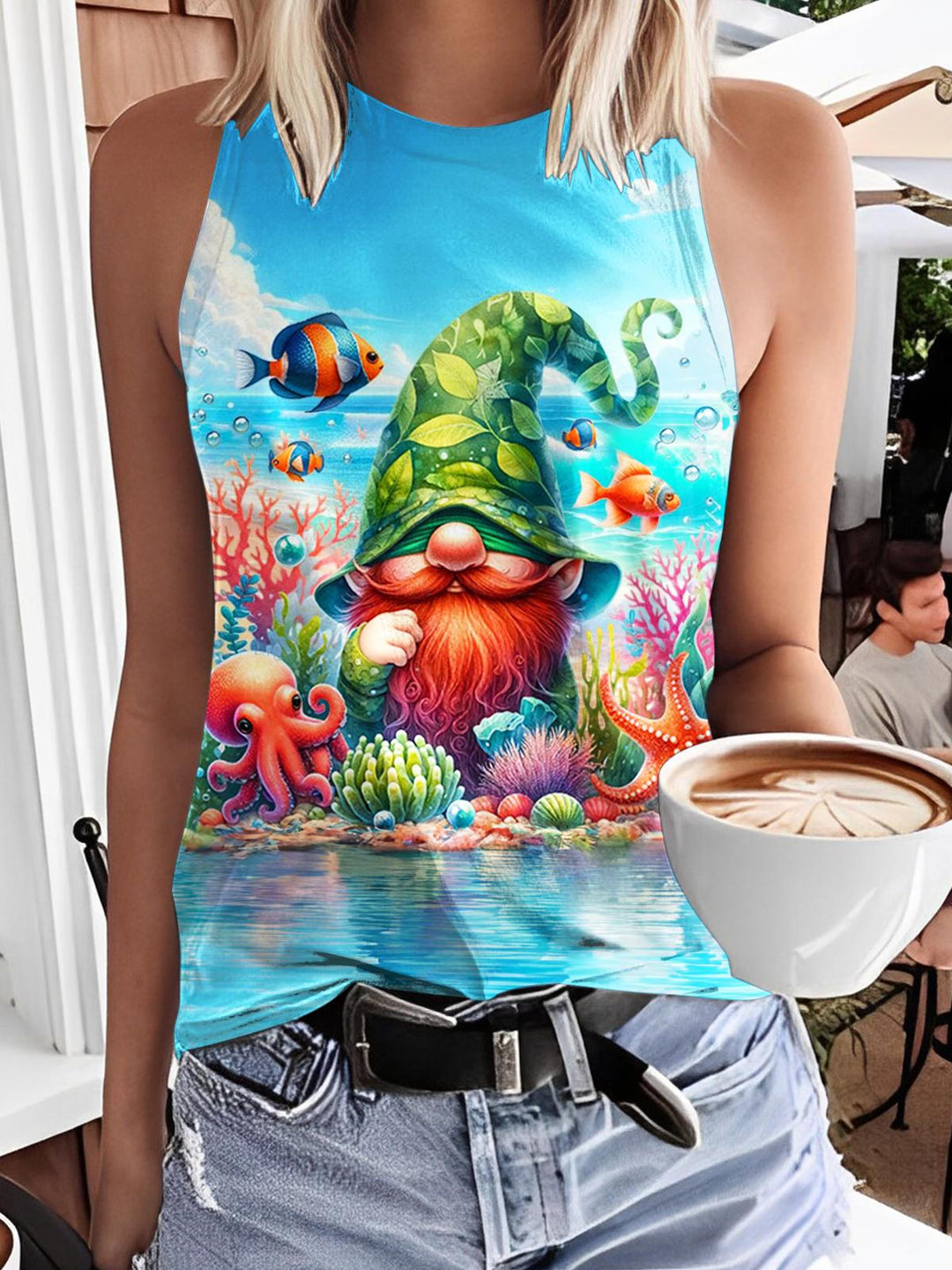 Under The Sea Gnome Print Casual Sleeveless Top