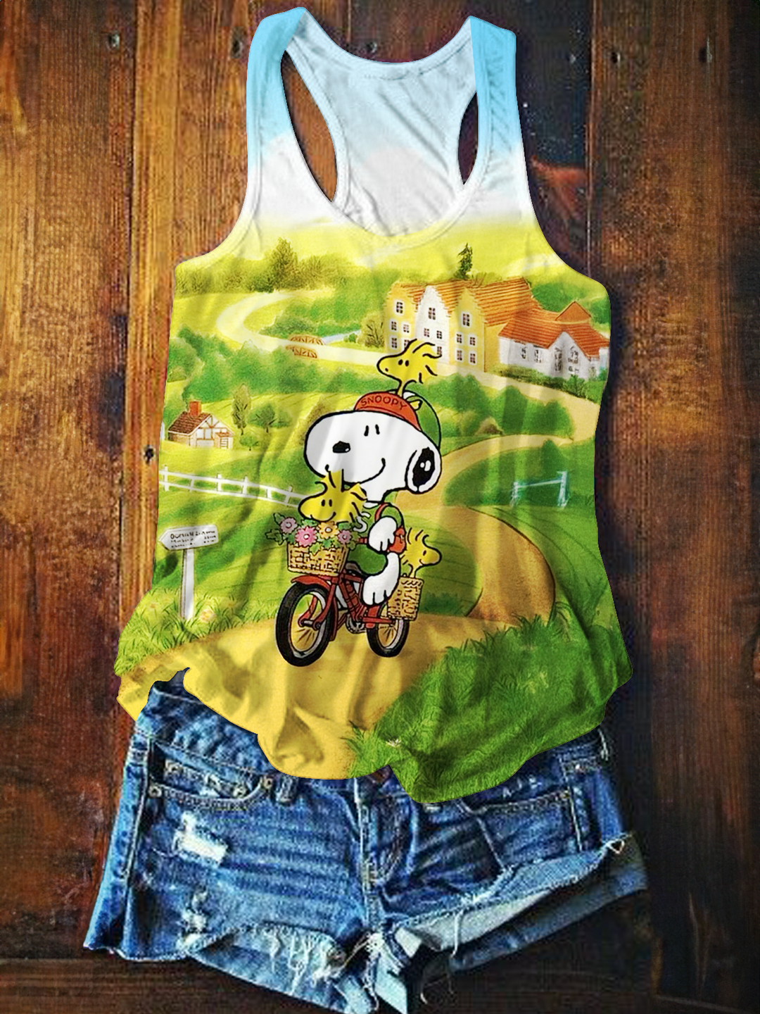 Fun Vacation Snoopy Goes Cycling Printed Casual Tank Top