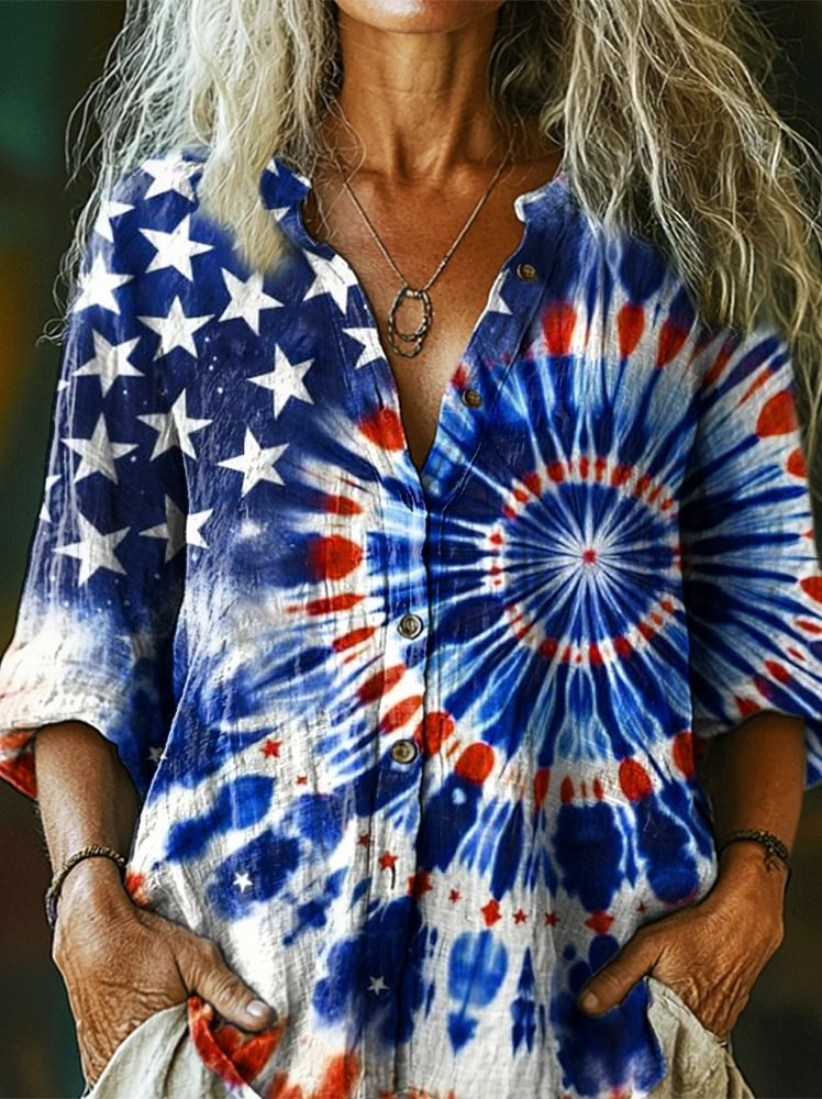 Tie Dye Star Flag Art Women's Printed Casual Shirt