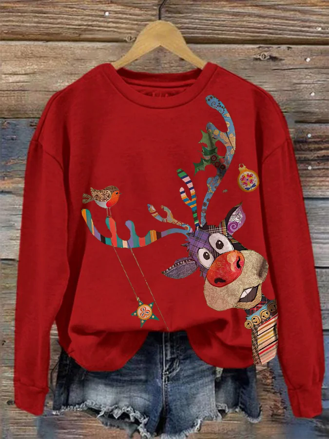 Funny Christmas Elk Printed Long Sleeve Casual Top