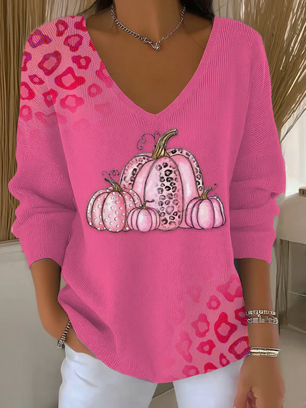 Autumn Pumpkin Breast Cancer Awareness Casual V Neck Pullover Sweater