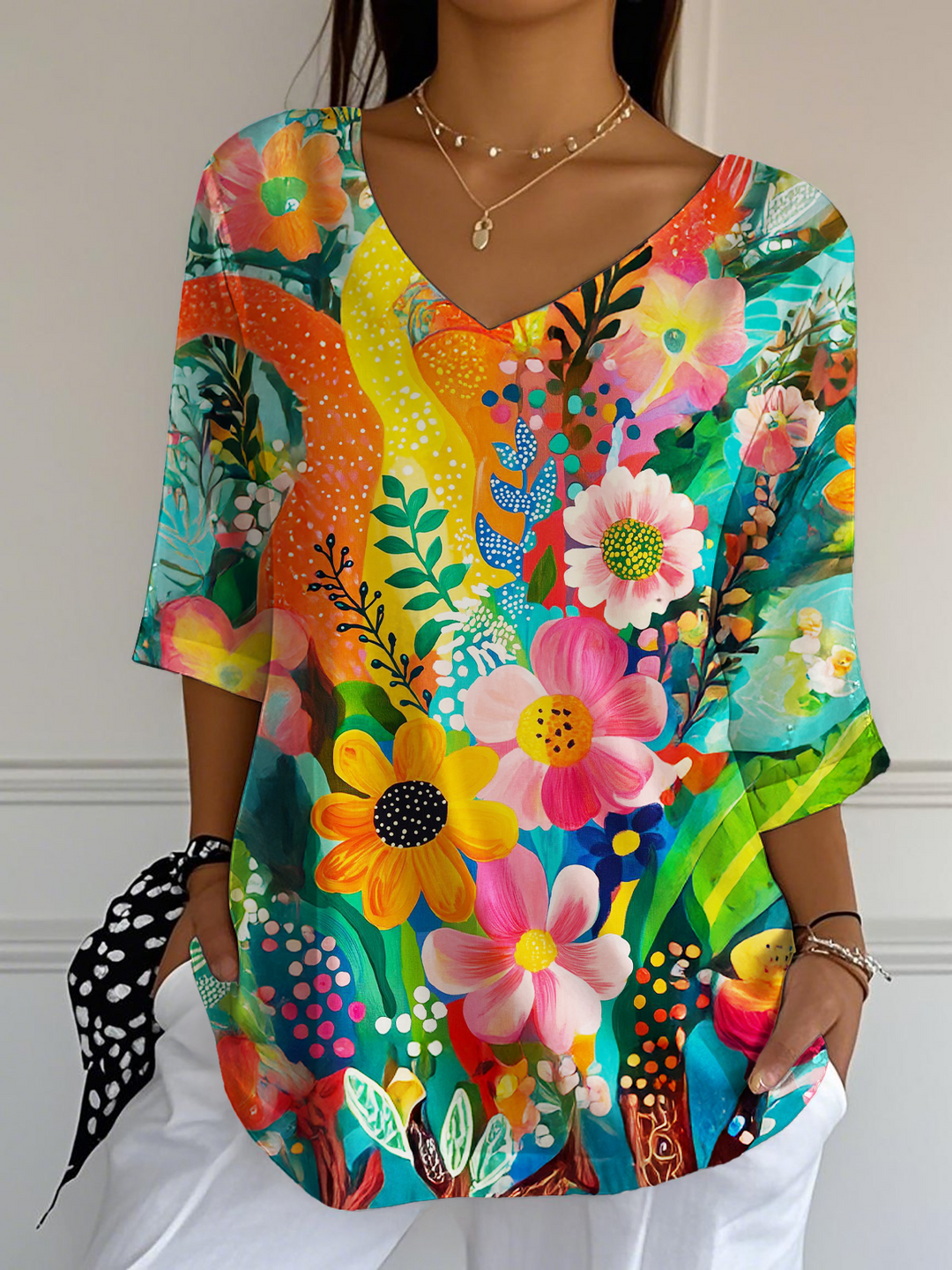 Colorful Hippie Flower Art Ladies Loose Short Sleeve T-shirt