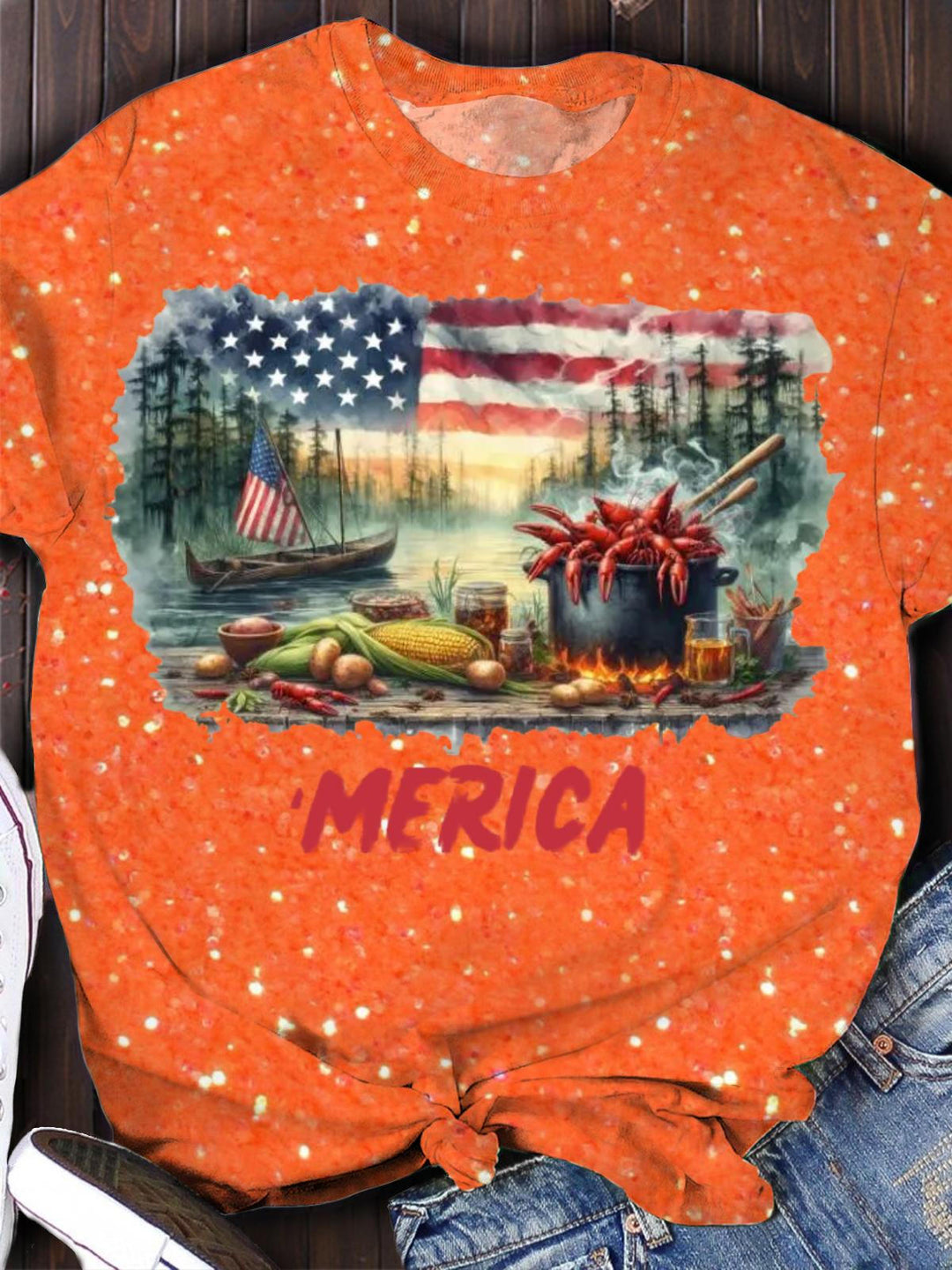 4th of July Crawfish Merica Crew Neck T-shirt