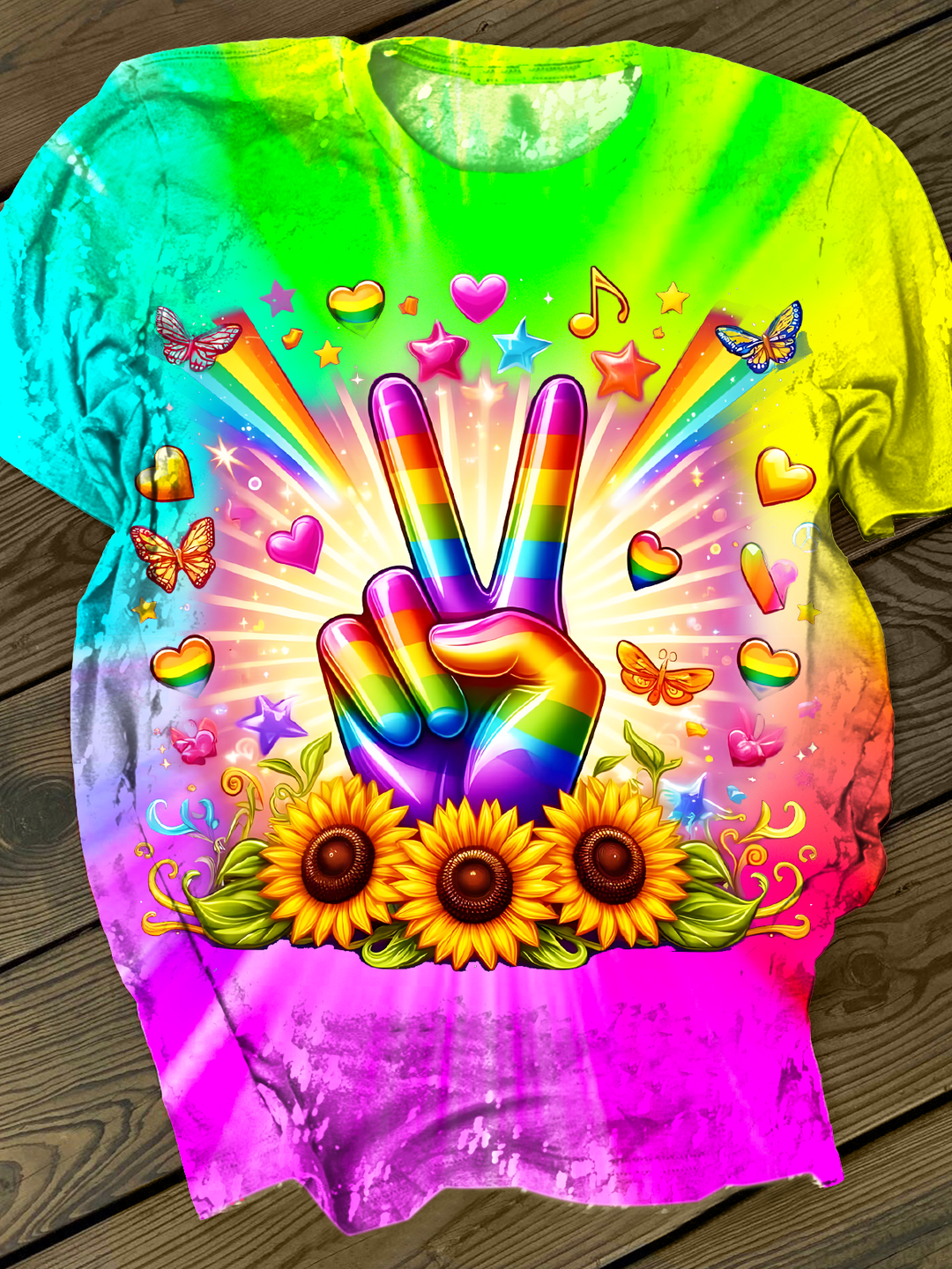 Colorful Floral Hippie Peace Hands Crew Neck T-shirt
