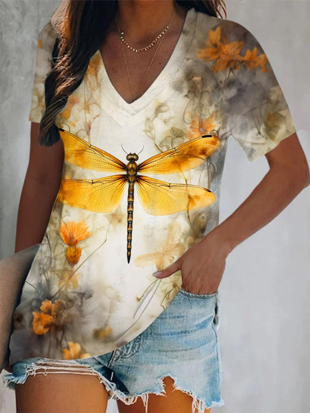 Yellow Dragonfly Short Sleeve V Neck Print Top