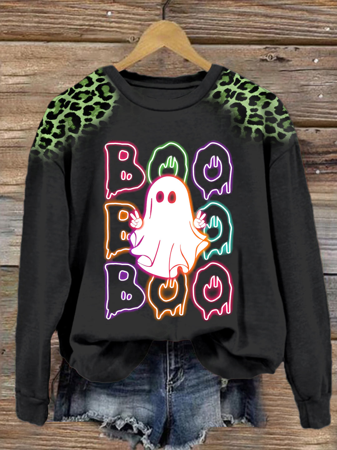 Women's Halloween Neon Boo Round Neck Long Sleeve Top