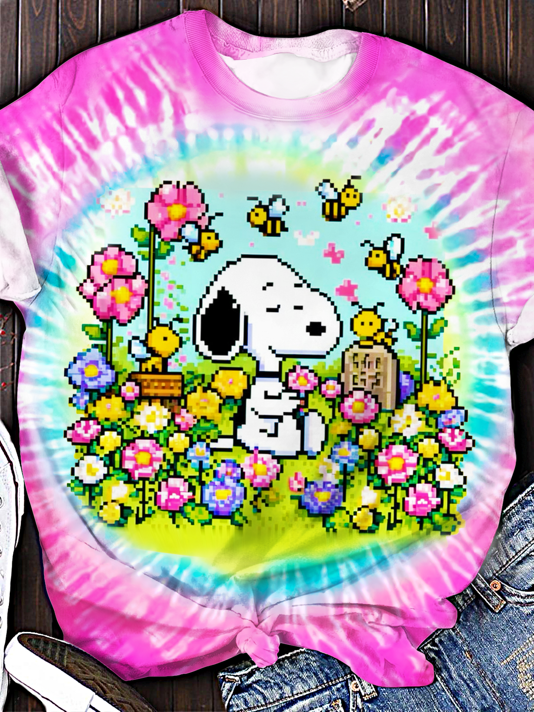 Tie-Dye Fun Snoopy Holiday Garden Crew Neck T-shirt