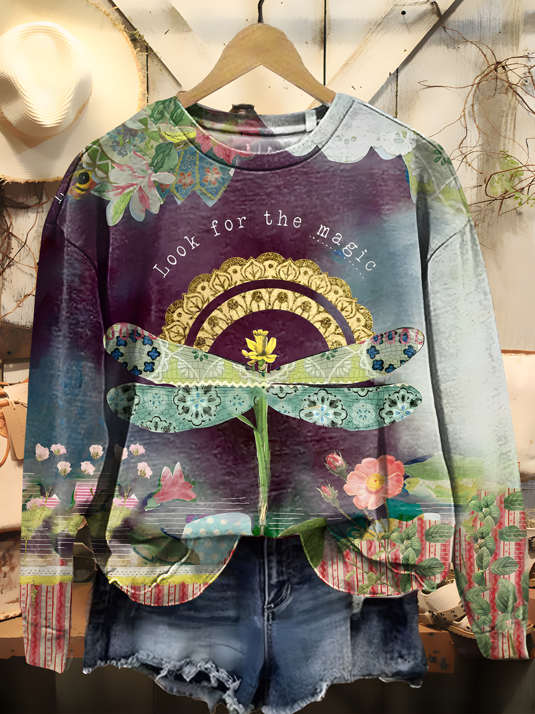 Look For The Magic Dragonfly Flower Art Printed Long Sleeve Casual Top