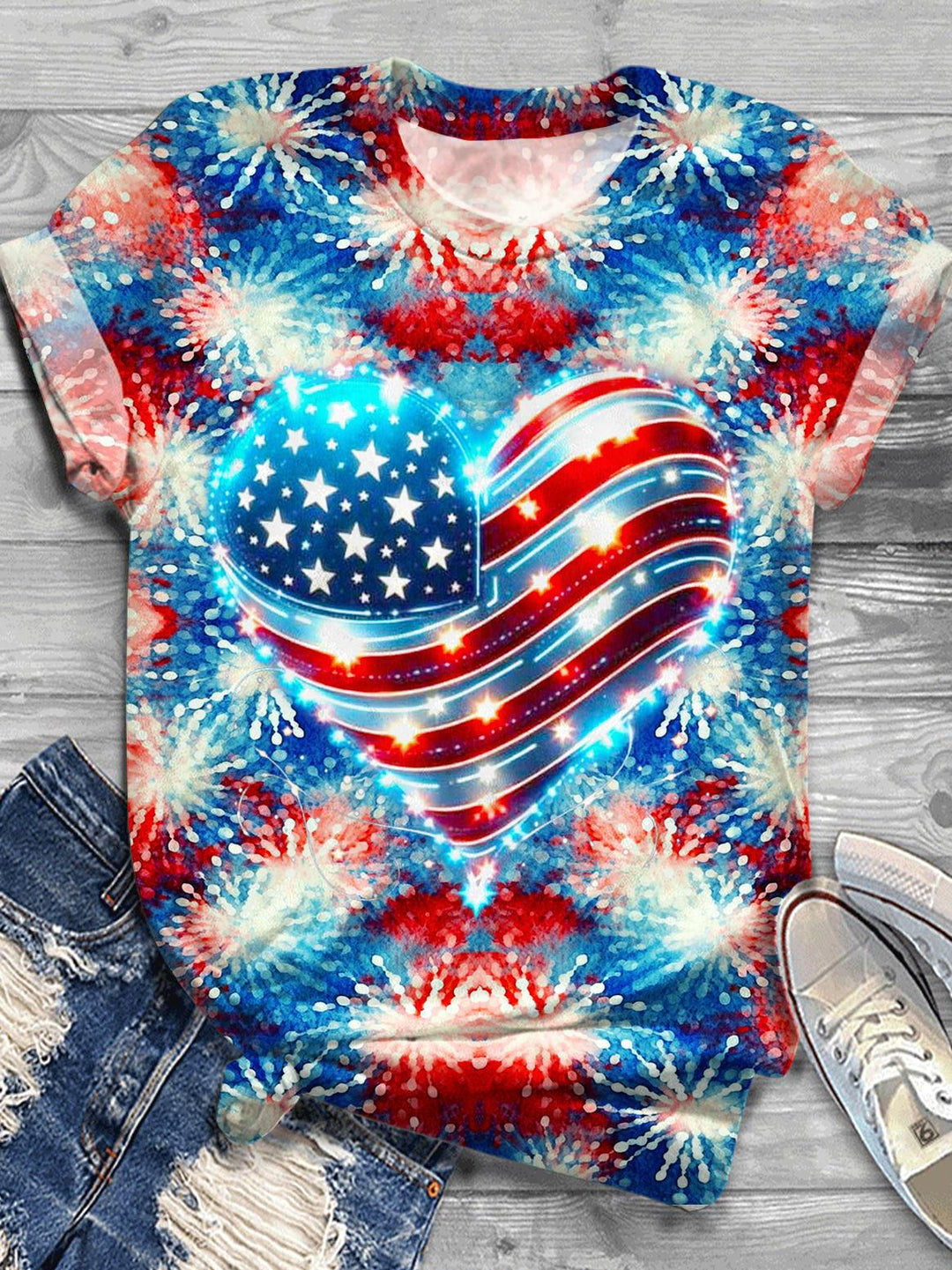Independence Day Fireworks Heart Crew Neck T-shirt