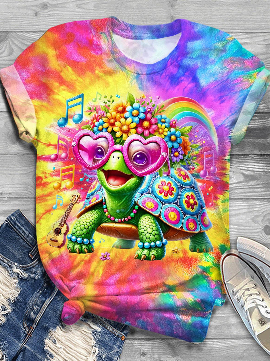 Hippie Turtle Print Crew Neck T-shirt
