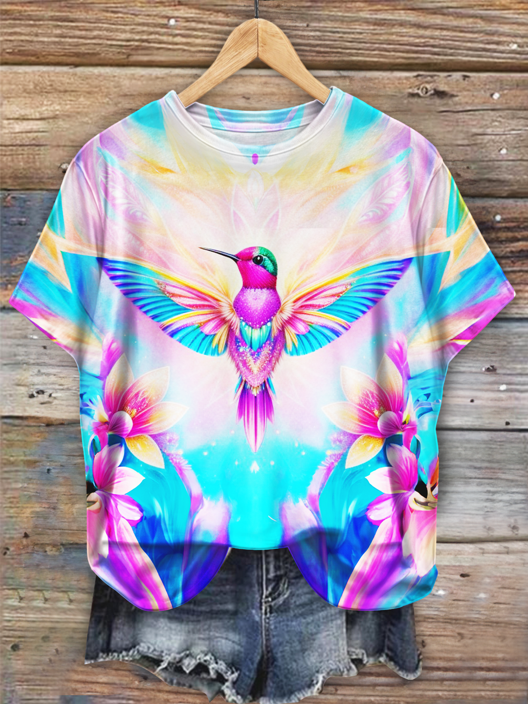 Glowing Neon Hummingbird Floral Art Crew Neck T-shirt