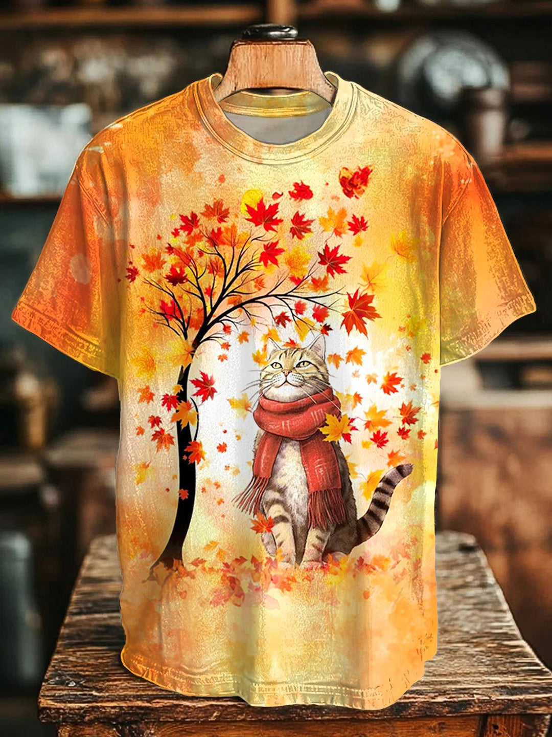Autumn Kitten Print Crew Neck T-shirt