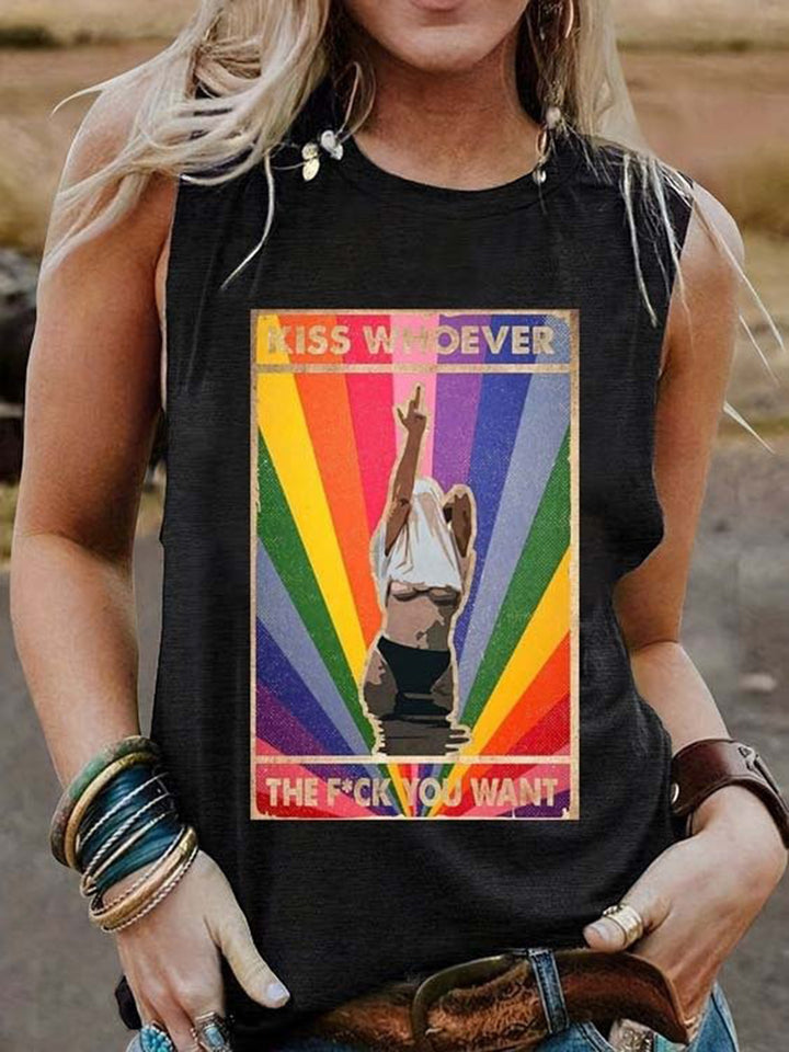 Rainbow Girl Text Element Printed Sleeveless Tank Top