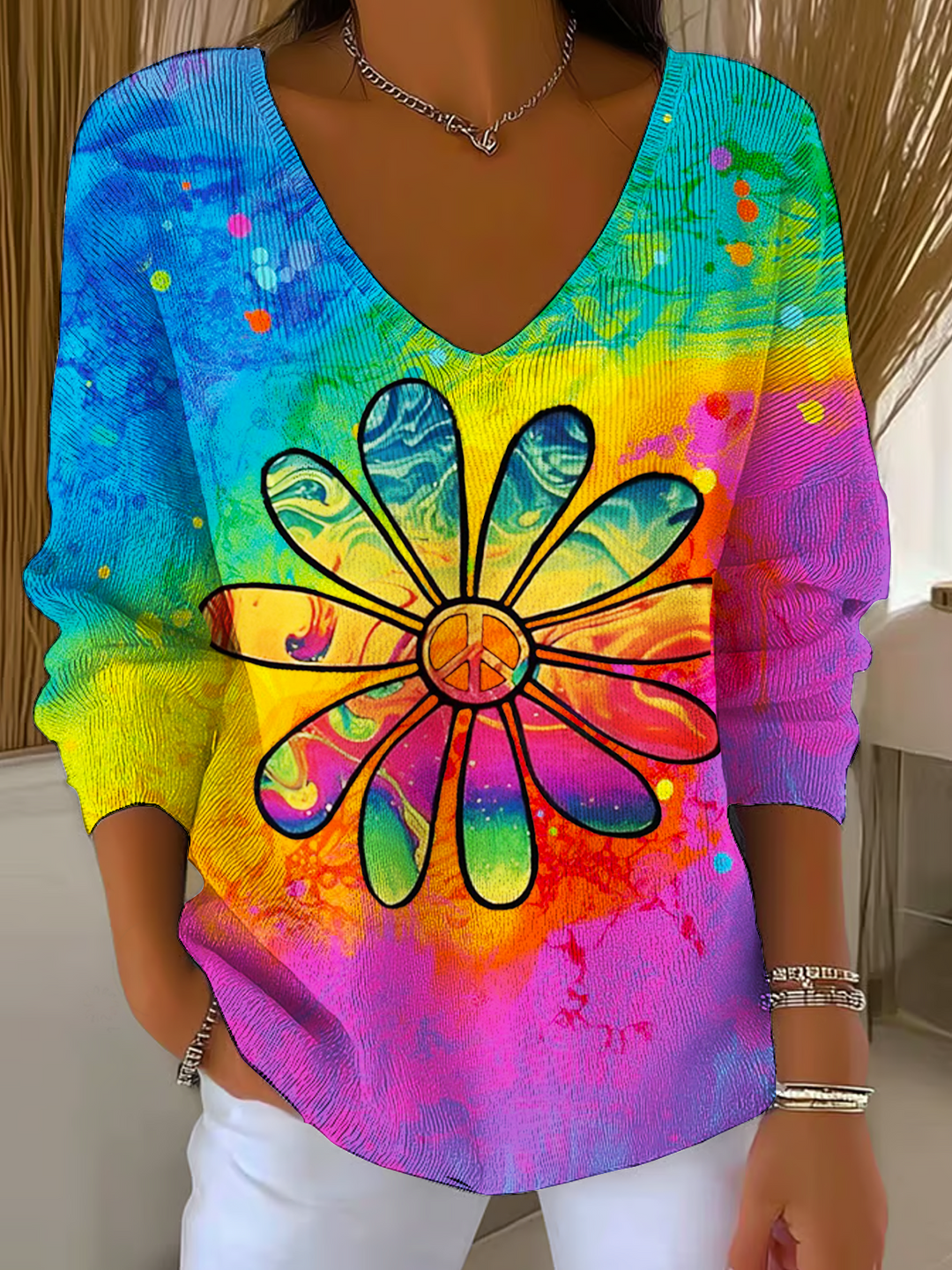 Daisy Peace Colored Casual V Neck Pullover Sweater