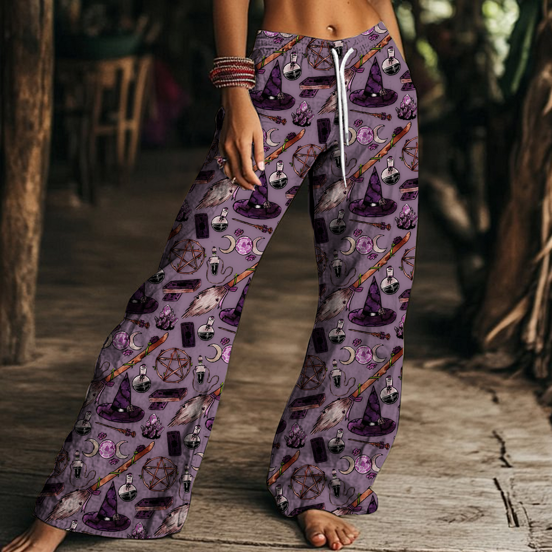 Women's Halloween Witch Print Drawstring Wide-Leg Pants