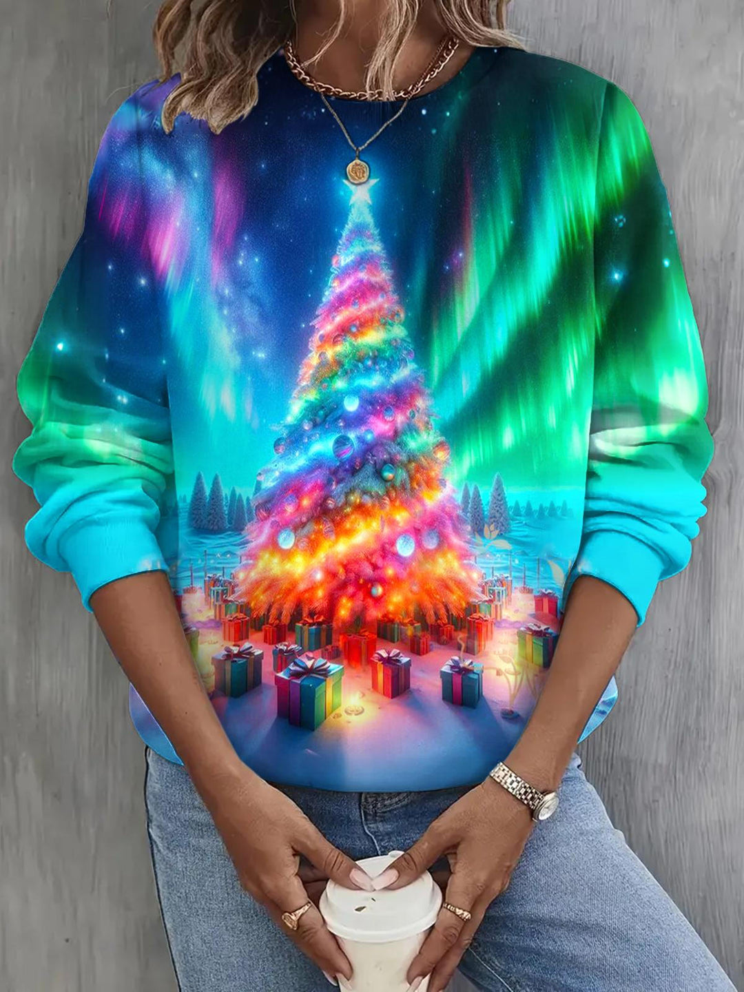 Christmas Tree Aurora Print Long Sleeve Casual Top