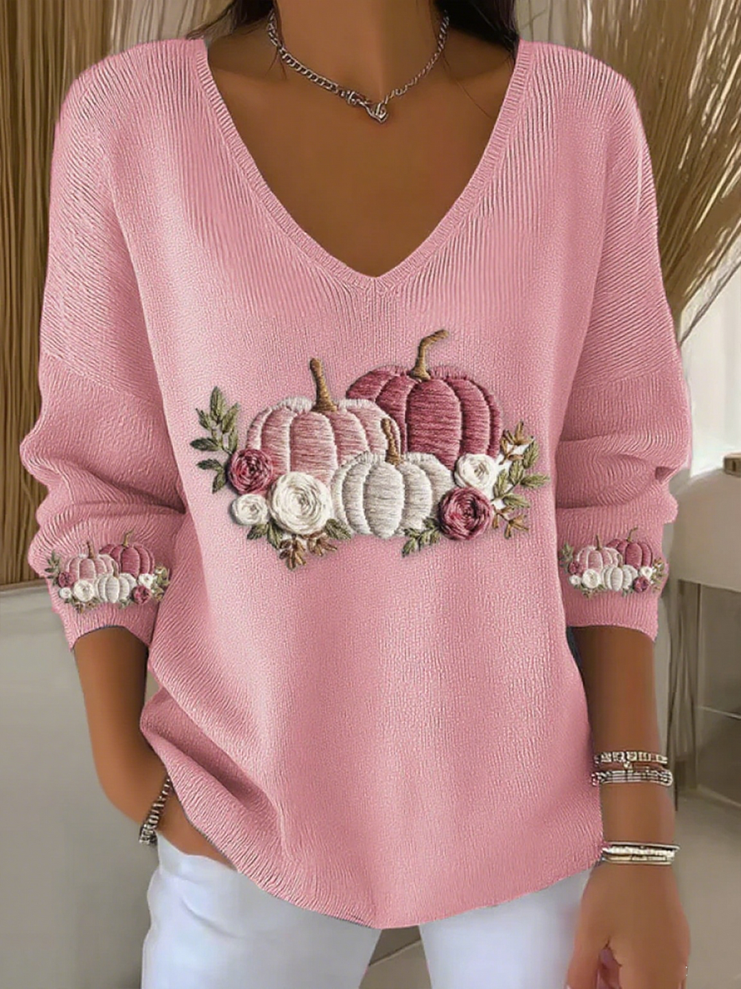 Autumn Pumpkin Breast Cancer Awareness Casual V Neck Pullover Sweater