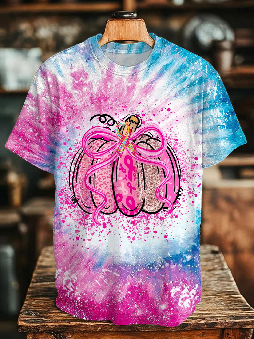 Breast Cancer Awareness Tie Dye Print Crew Neck T-shirt