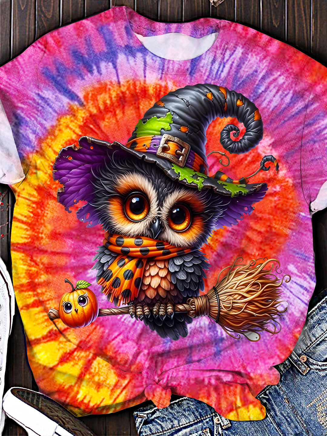 Tie-Dye Halloween Owl Crew Neck T-shirt