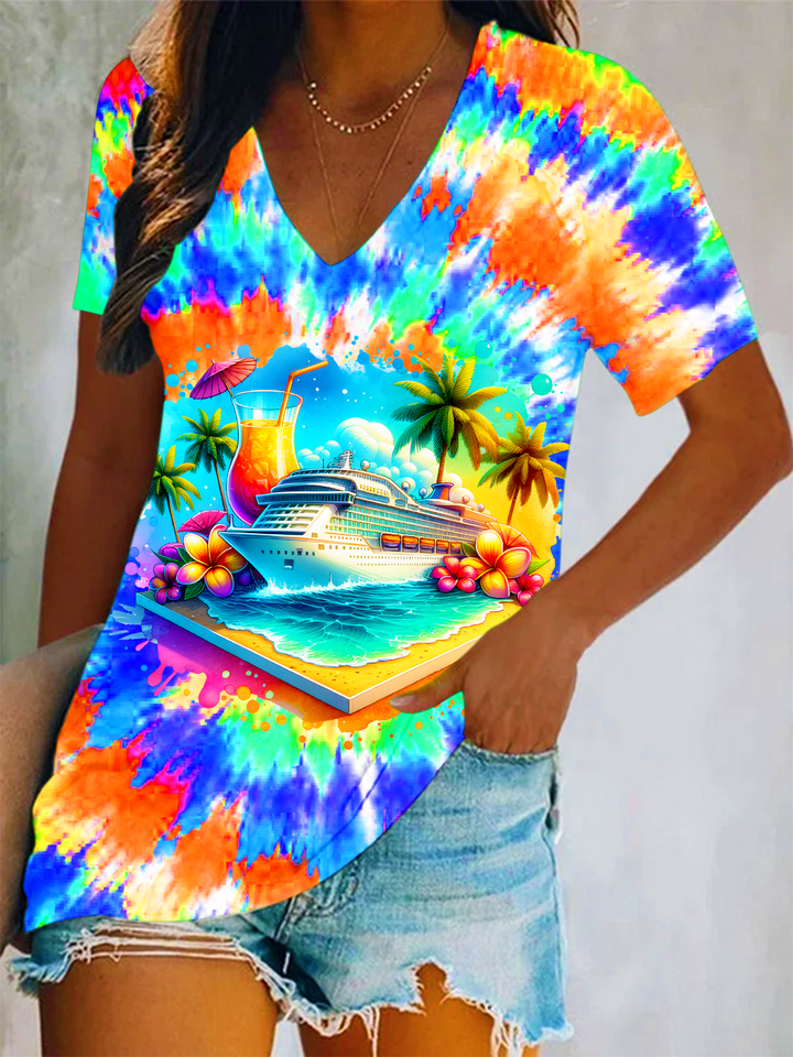Tie-dye Cruise Watercolor Art Short Sleeve V Neck Print Top