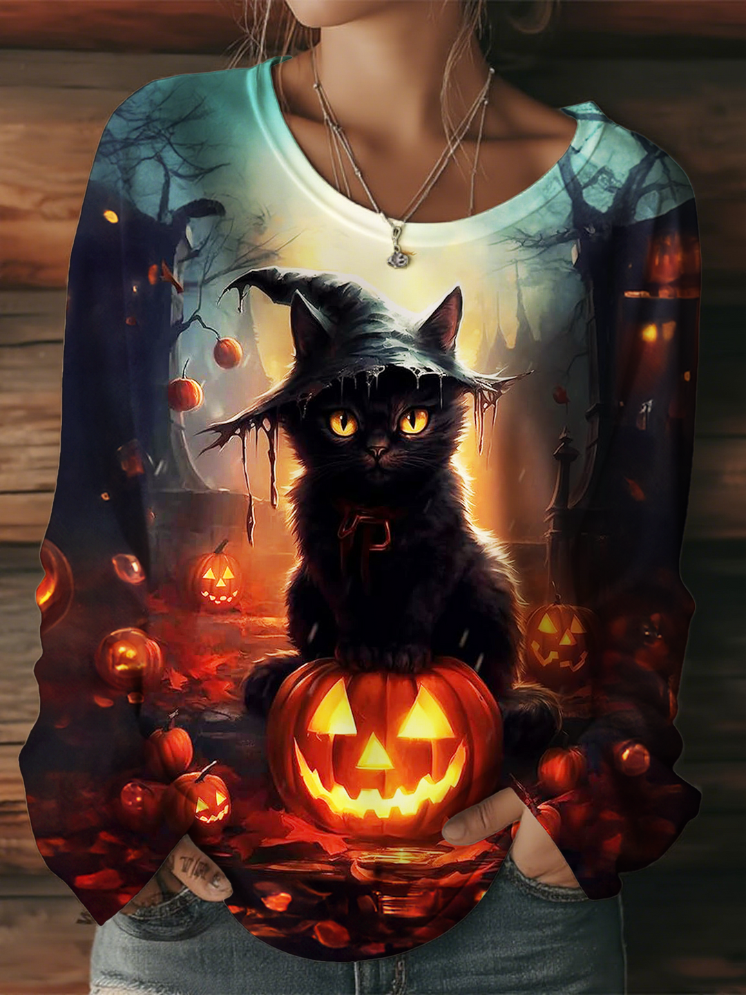 Halloween Witch Pumpkin Black Cat Women's Round Neck Long Sleeve T-shirt
