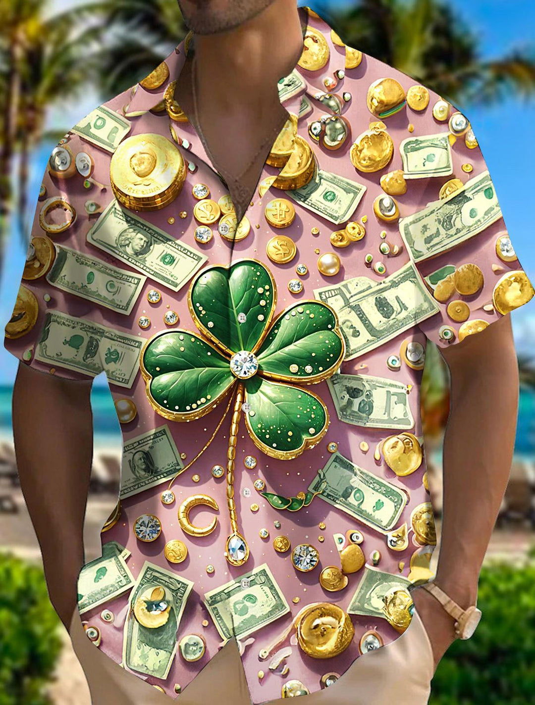Men's Funny Money Clover Print Short Sleeve Shirts