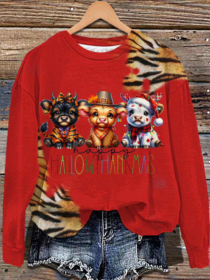 Halloween Highland Cows Christmas Thanksgiving Printed Long Sleeve Casual Top