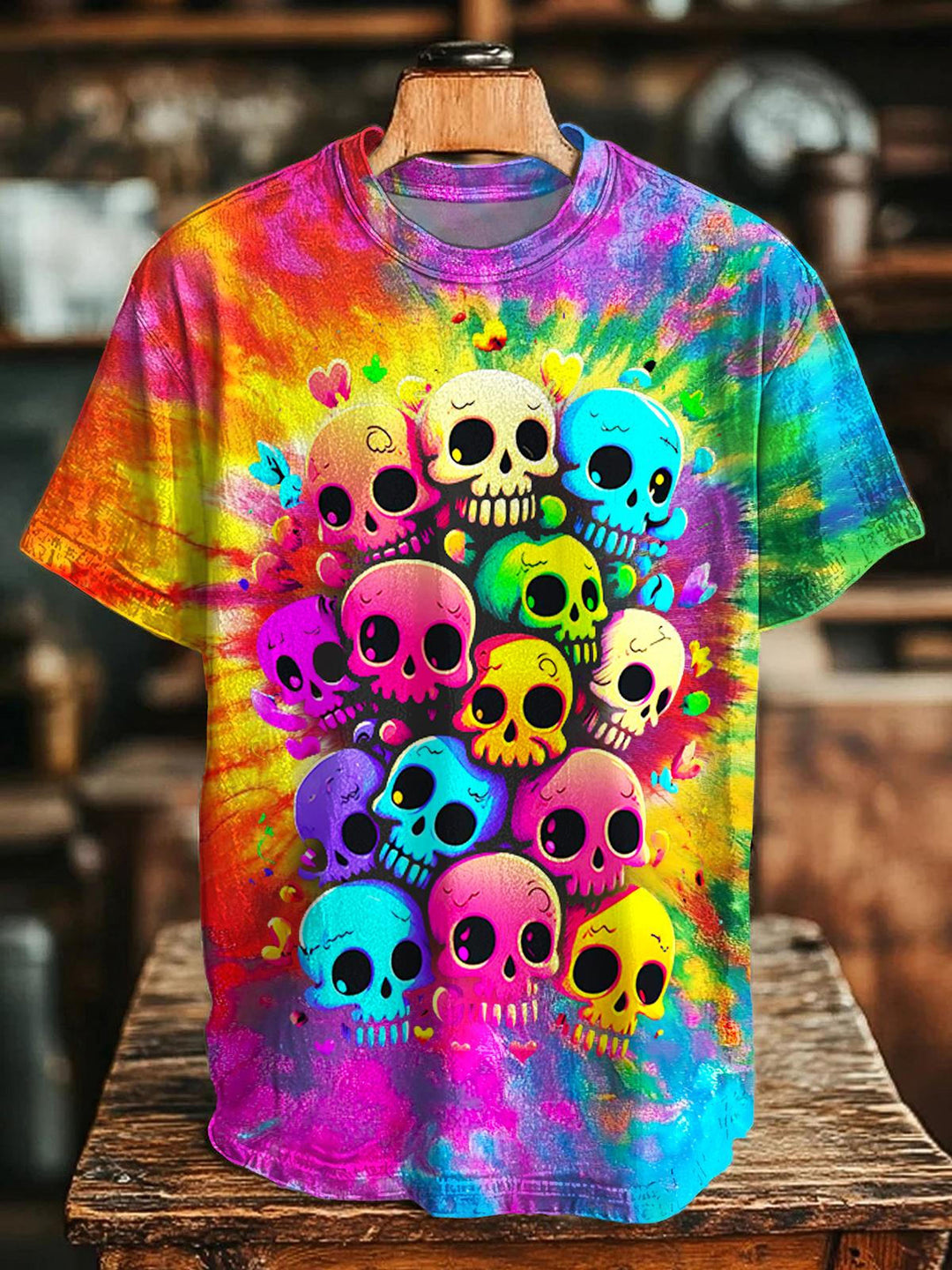 Halloween Hippie Skull Print Crew Neck T-shirt