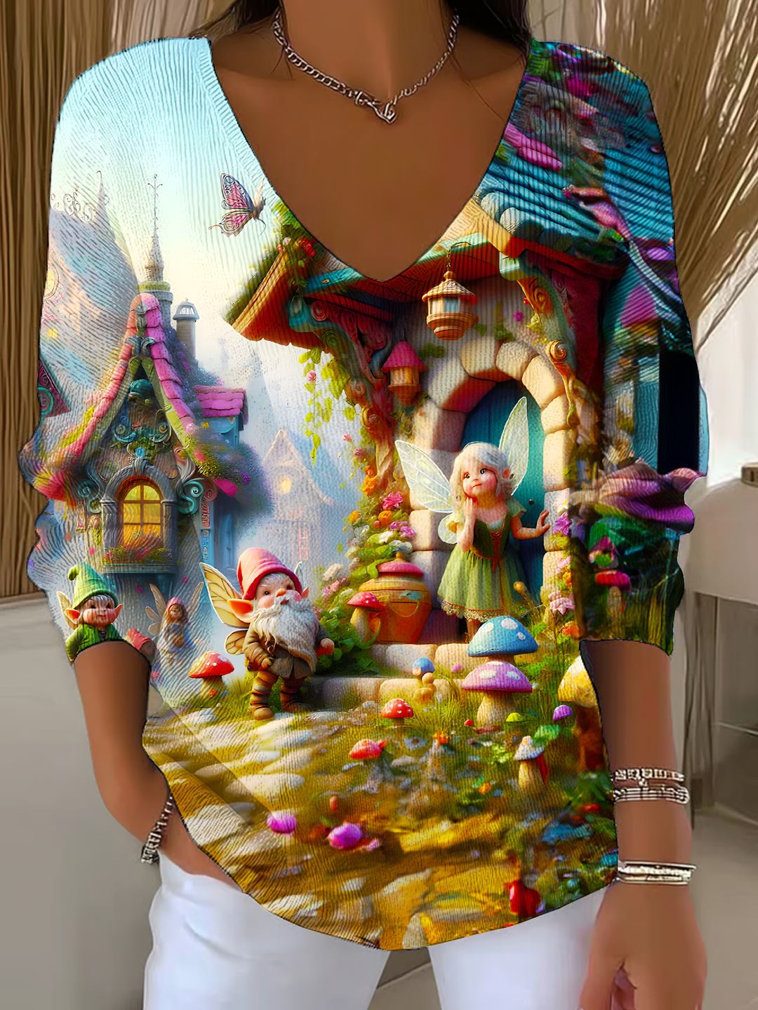 Gnomes and Fairies Classic Casual V Neck Pullover Sweater